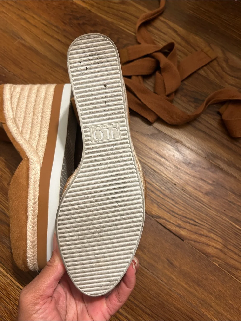 Jennifer Lopez Tan Wrap-Ankle Wedge Espadrille